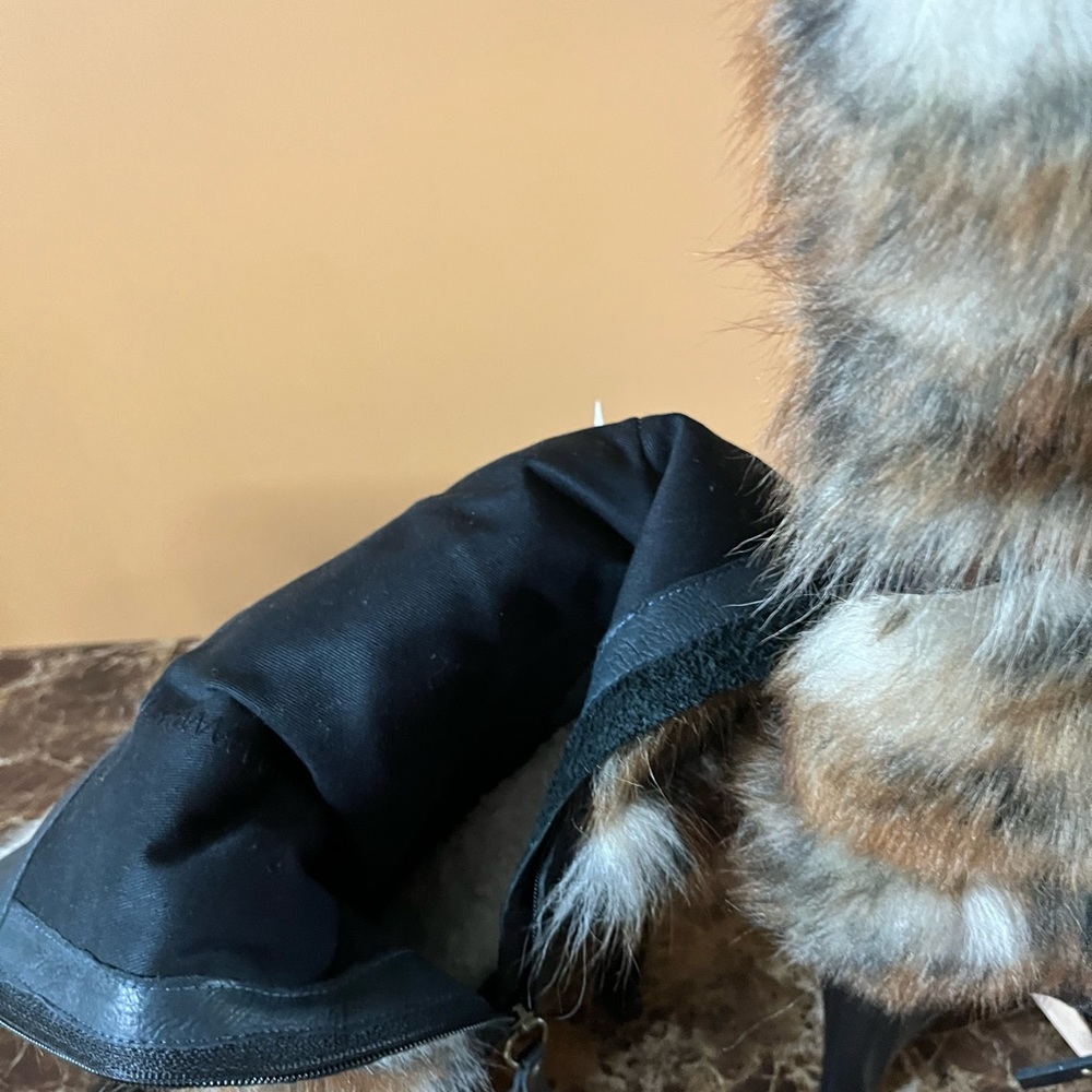 Genuine Black Leather Heeled Platform Real sheepskin fur boots